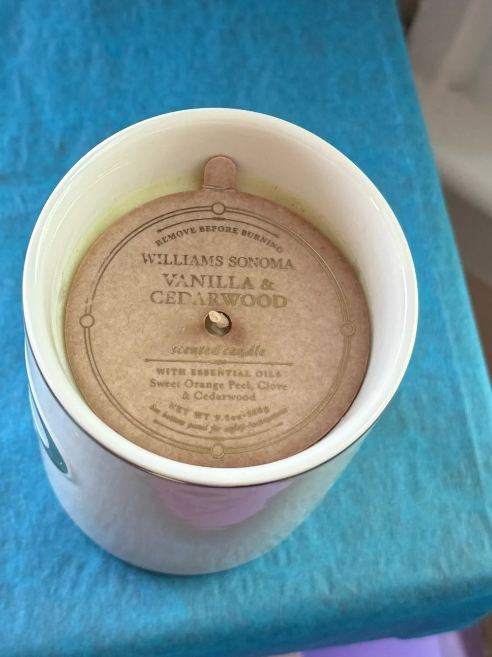 Williams Sonoma White Ceramic Vanilla & Cedarwood Candle with Gold Monogram P